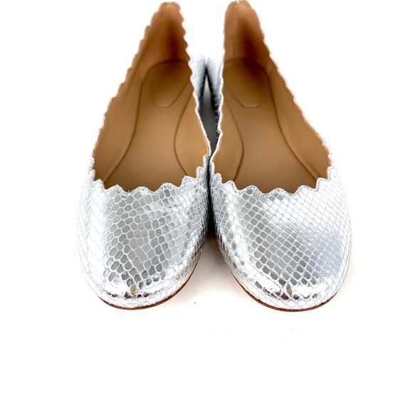 CHLOE Lauren Scalloped Ballet Silver Leather Flat Shoes 38, 7.5 - Picture 5 of 12